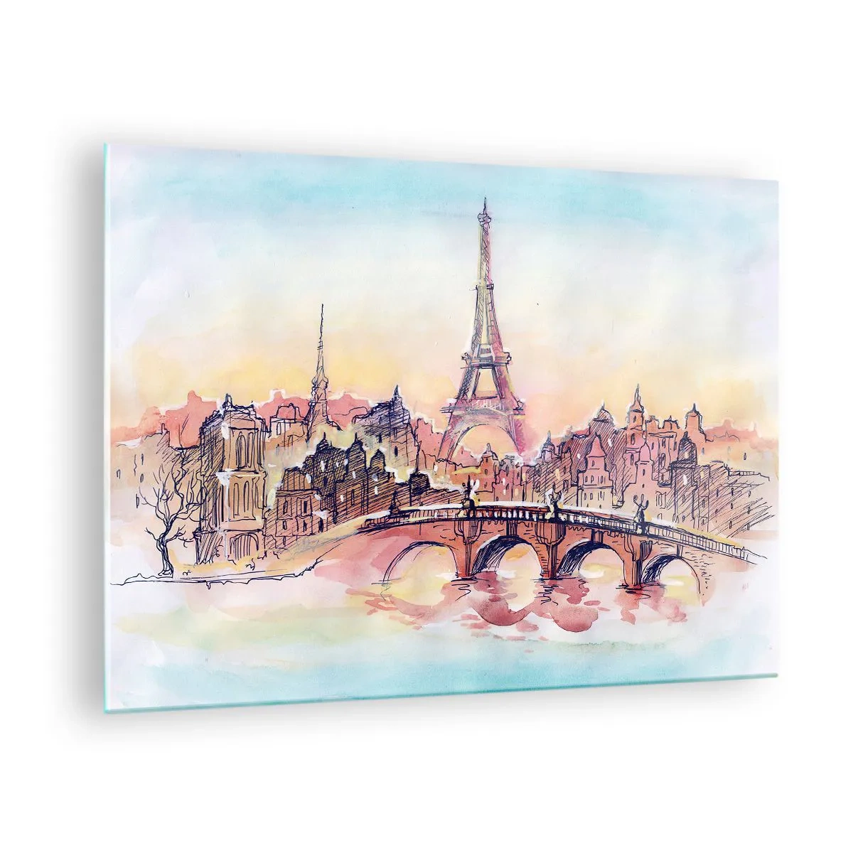 Quadro su vetro - Un panorama di Parigi con la Torre Eiffel in un delicato stile acquerello - 70x50cm - L'unica città così al mondo - Decorazione murale moderna per soggiorno e camera da letto ARTTOR