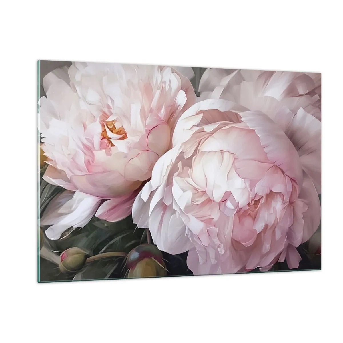 Quadro su vetro - Delicate peonie in una tonalità rosa chiaro in primo piano - 120x80cm - L'attimo della fioritura - Decorazione murale moderna per soggiorno e camera da letto ARTTOR