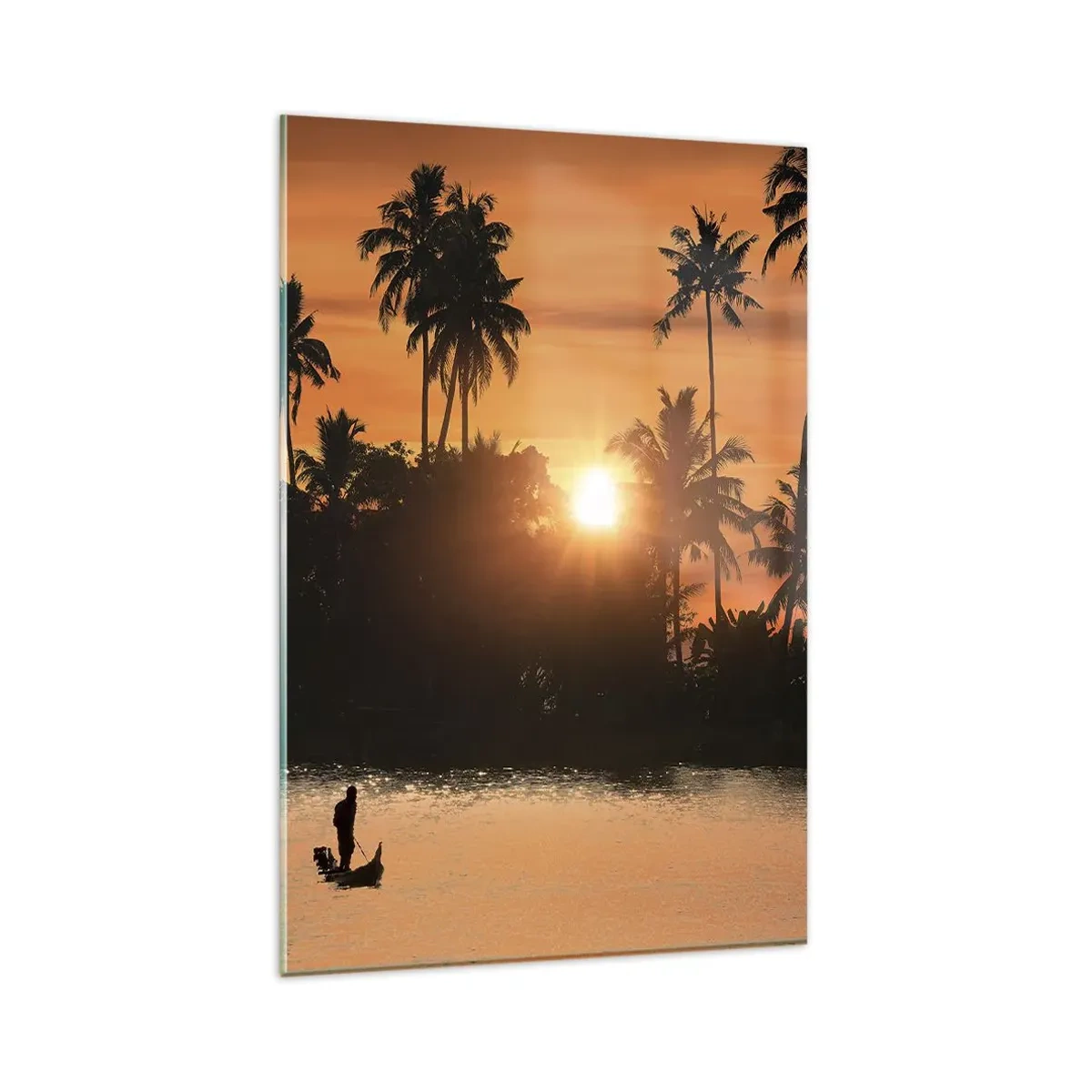Quadro su vetro - Tramonto sulle palme e un lago calmo con una barca - 80x120cm - Il tempo del riposo - Decorazione murale moderna per soggiorno e camera da letto ARTTOR
