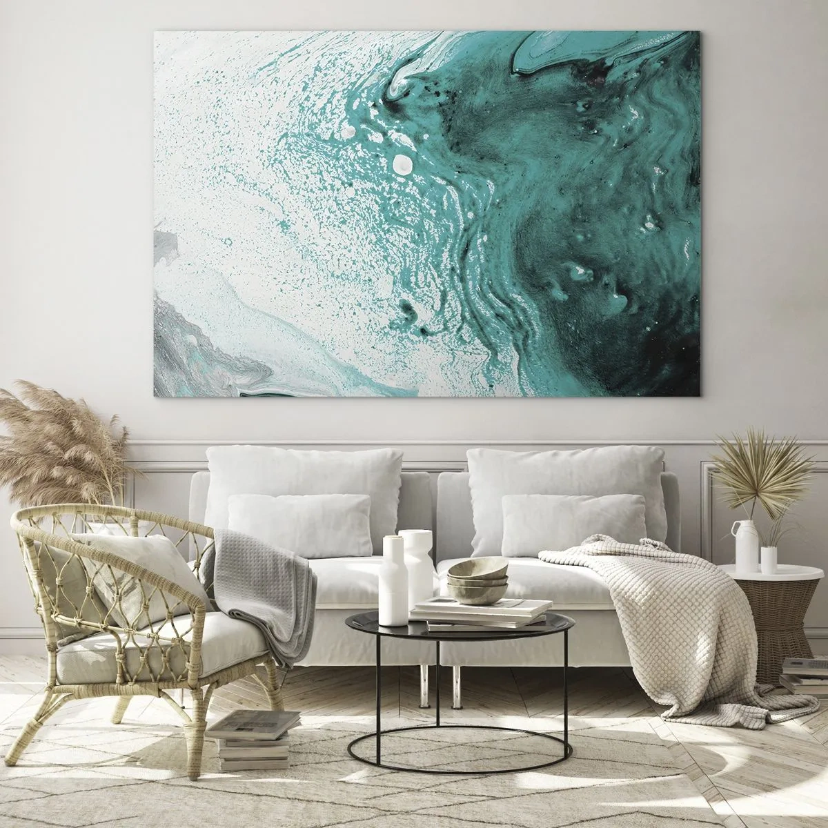 Quadro su vetro - Un dipinto astratto nei toni del bianco e del turchese - 100x70cm - Sciogliendosi nel bianco e nel turchese - Decorazione murale moderna per soggiorno e camera da letto ARTTOR