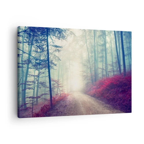 Quadro su tela - Stampe su Tela - Un magico sentiero nel bosco circondato da alberi e nebbia - 70x50cm - Come è bello alzarsi all'alba - Decorazione murale moderna per soggiorno e camera da letto ARTTOR