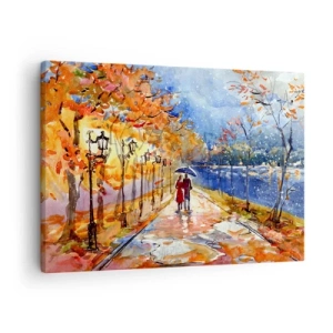 Quadro su tela - Stampe su Tela - Una passeggiata autunnale nel parco sulla riva del fiume sotto l'ombrellone - 70x50cm - Insieme fino ai confini del tempo - Decorazione murale moderna per soggiorno e camera da letto ARTTOR