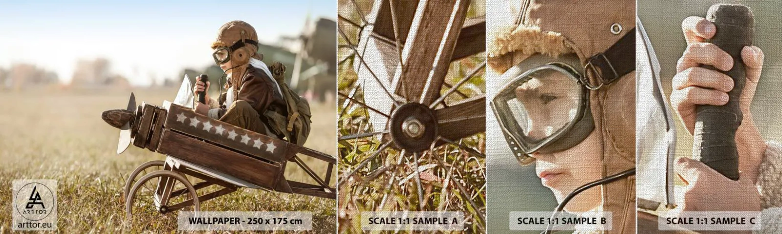 Campione di Fotomurale Premium Canvas - Decollo verso i sogni - Ragazzo, Aereo, Vintage ▾ - 100x30 cm