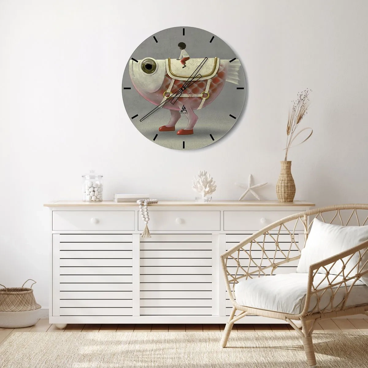 Orologio da parete - Orologio in Vetro - Una figura su un grande pesce con una sella e degli stivali su uno sfondo grigio - 30x30cm - Il cavaliere del pesce - Decorazione murale moderna per soggiorno, cucina e camera da letto ARTTOR