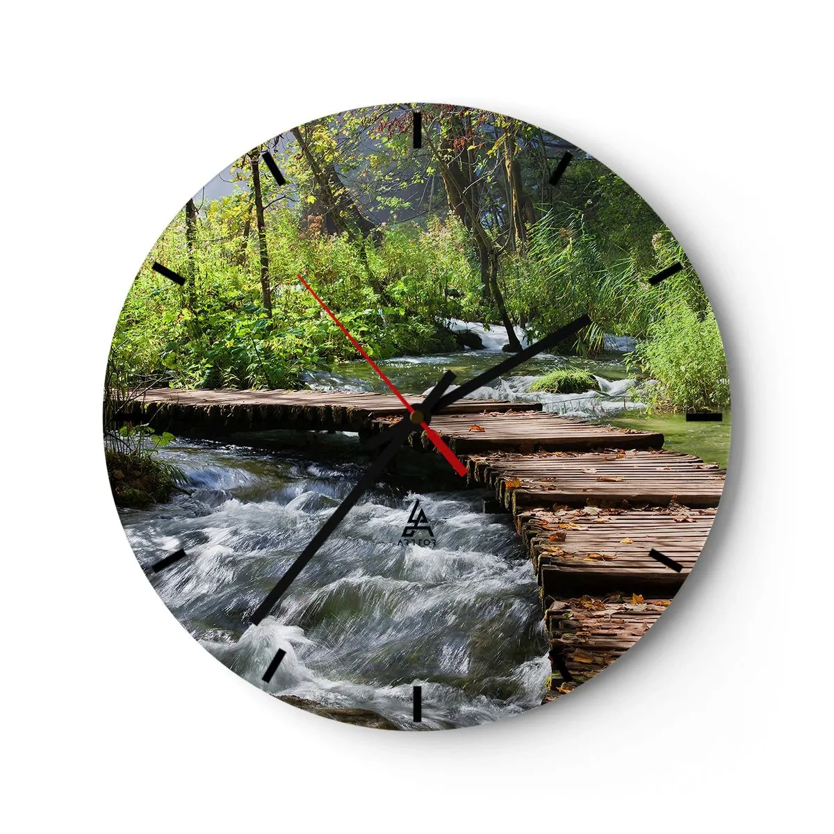 Orologio da parete - Orologio in Vetro - Un ponte di legno sopra un ruscello impetuoso circondato dal verde - 30x30cm - Sulla cascata spumeggiante - Decorazione murale moderna per soggiorno, cucina e camera da letto ARTTOR