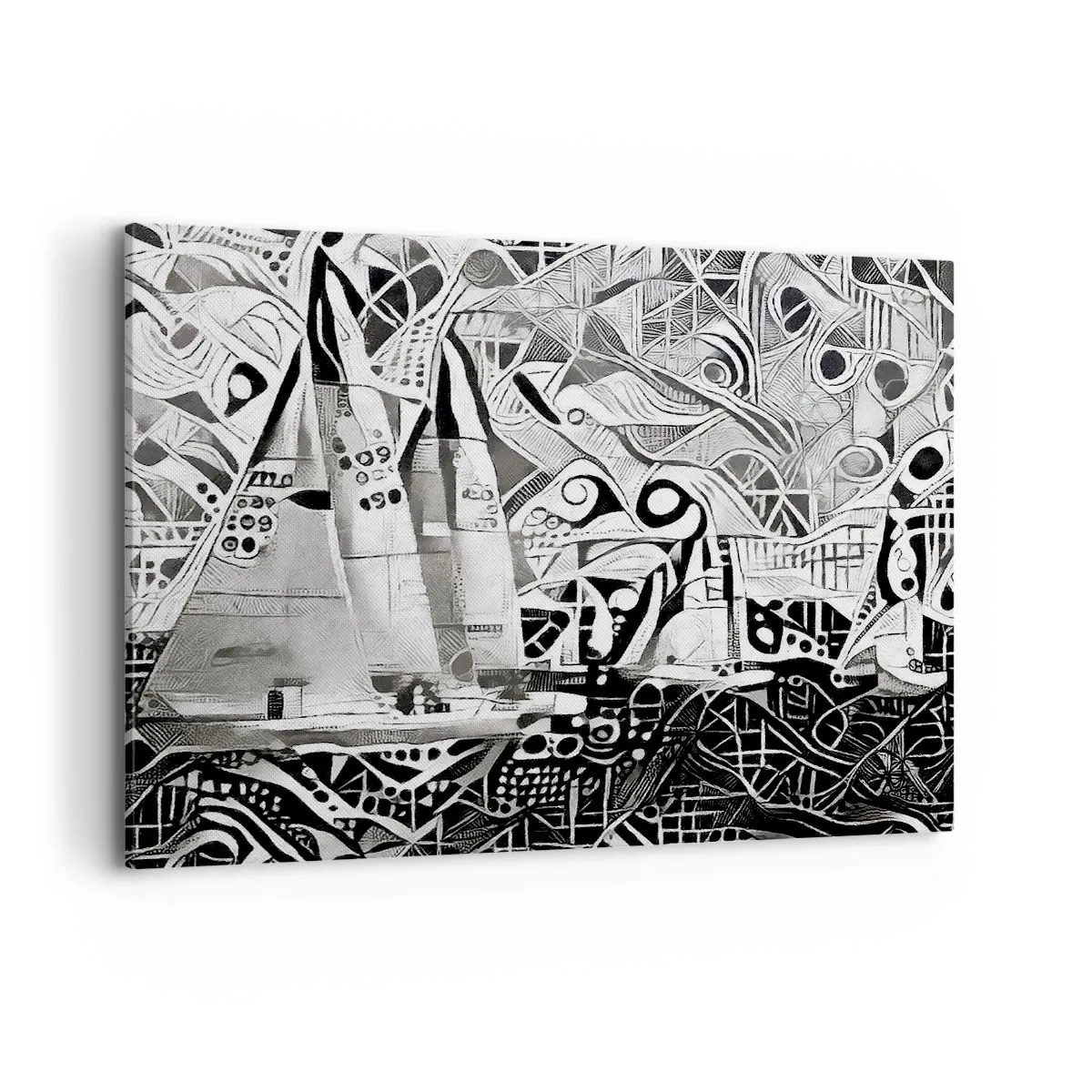 Quadro su tela - Stampe su Tela - Barche a vela astratte in una composizione monocromatica - 100x70cm - Tra le onde - Decorazione murale moderna per soggiorno e camera da letto ARTTOR