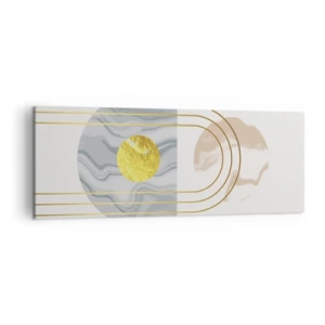 Quadro su tela - Stampe su Tela - Composizione astratta con cerchi e linee dorate su uno sfondo chiaro. - 140x50cm - Chiarezza e lucentezza - Decorazione murale moderna per soggiorno e camera da letto ARTTOR