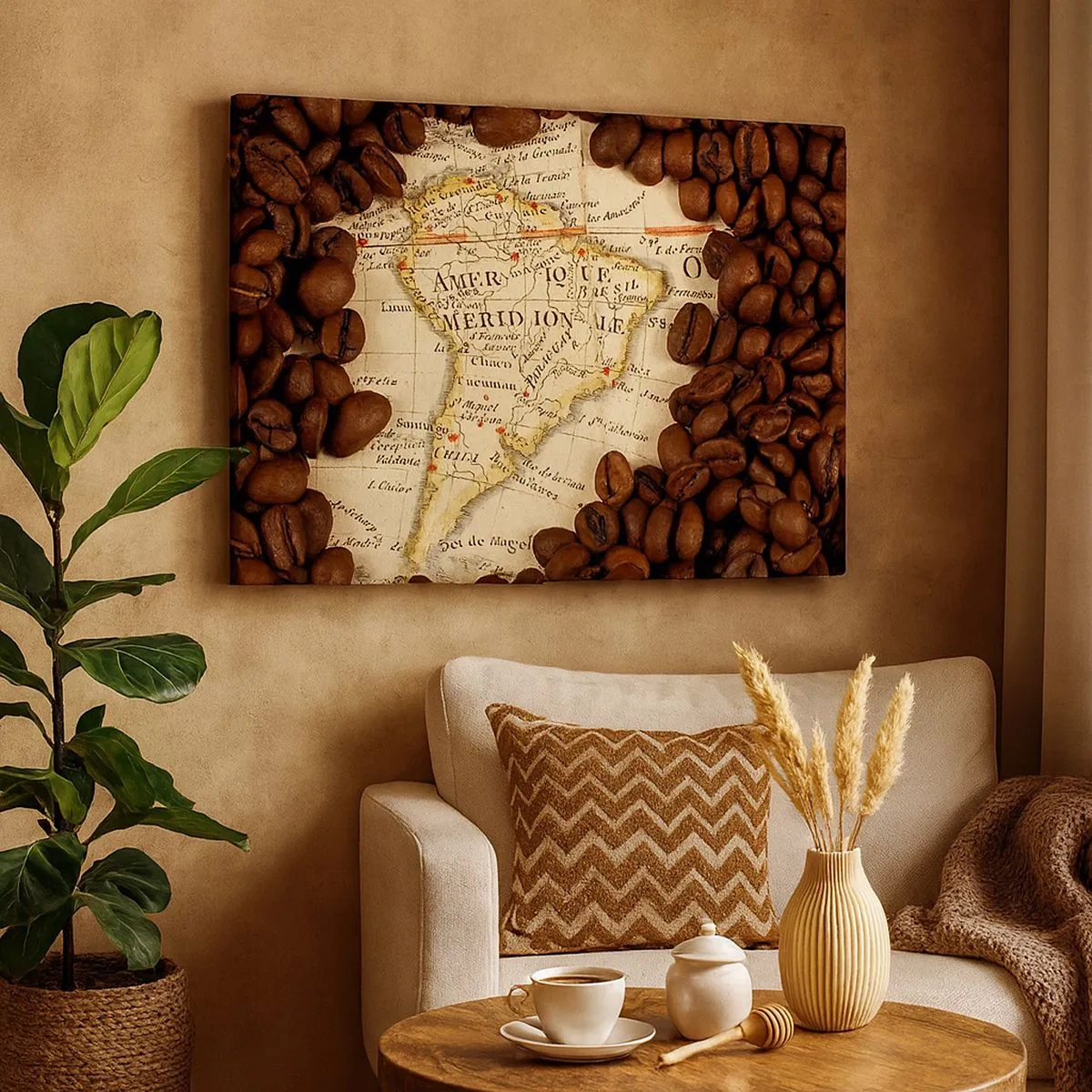 Quadro su tela - Stampe su Tela - Una mappa del Sud America circondata da chicchi di caffè. - 70x50cm - Da dove viene il miglior caffè? - Decorazione murale moderna per soggiorno e camera da letto ARTTOR