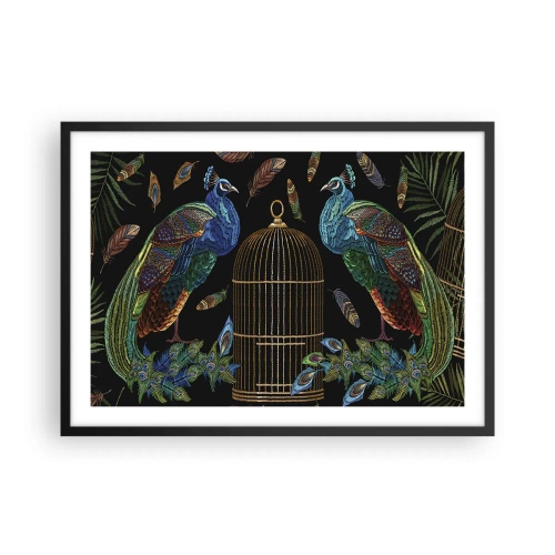 Poster in cornice nera - Pavoni accanto a una gabbia dorata su sfondo nero - 70x50cm - Con gli abiti reali - Decorazione murale moderna per soggiorno e camera da letto ARTTOR