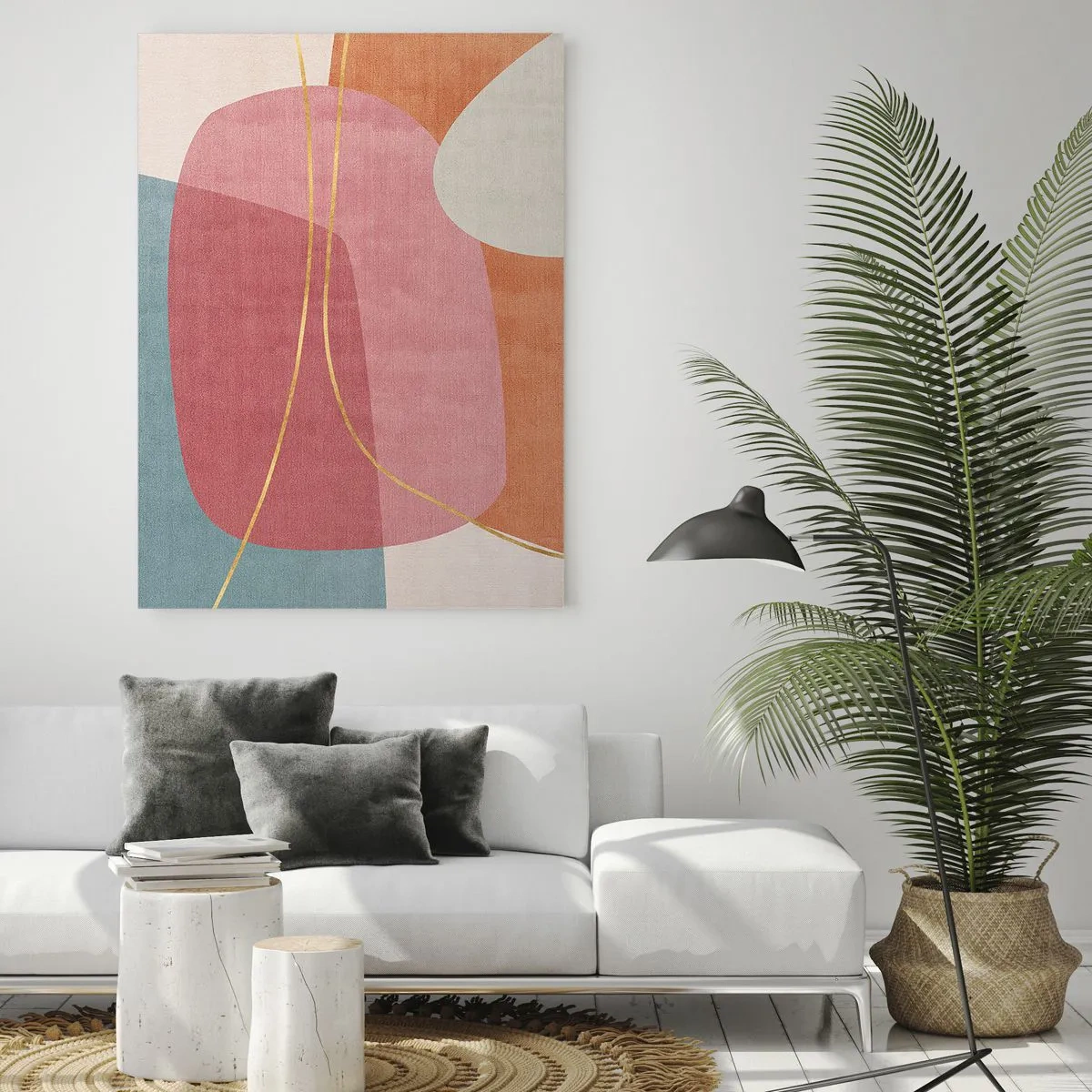 Quadro su vetro - Forme pastello con linee dorate intersecanti - 50x70cm - Composizione pastello con filo dorato - Decorazione murale moderna per soggiorno e camera da letto ARTTOR