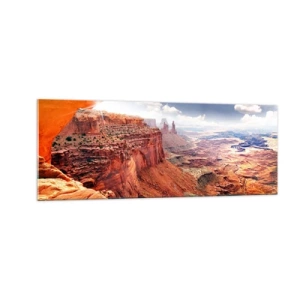 Quadro su vetro - Canyon visto attraverso una finestra rocciosa con toni caldi della roccia - 140x50cm - Scolpiti dalla natura - Decorazione murale moderna per soggiorno e camera da letto ARTTOR