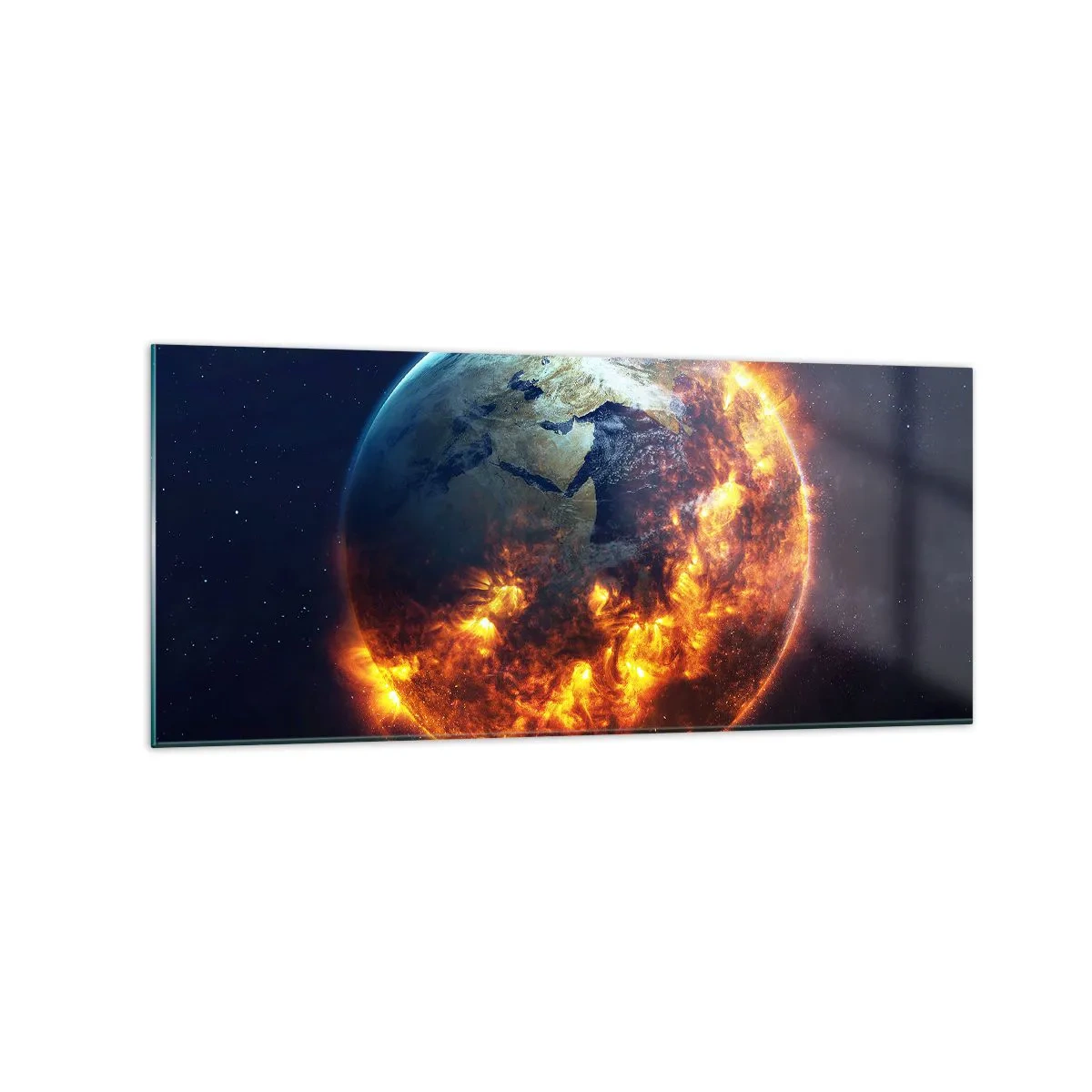 Quadro su vetro - Il pianeta Terra in fiamme nello spazio - 120x50cm - Le fiamme dell'apocalisse - Decorazione murale moderna per soggiorno e camera da letto ARTTOR