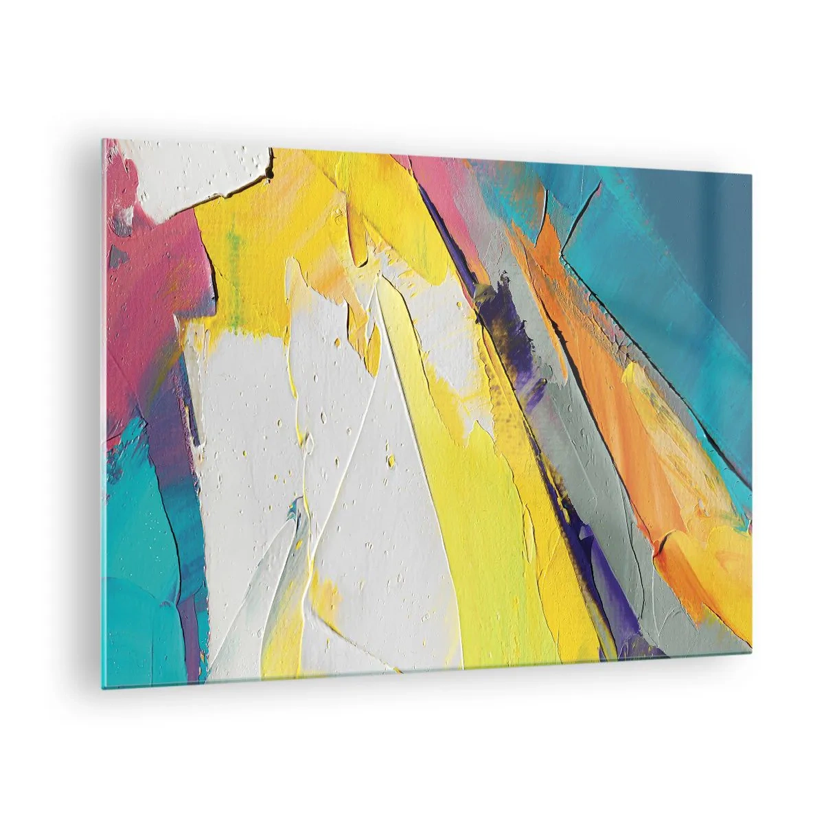 Quadro su vetro - Pennellate astratte in giallo, blu e bianco - 70x50cm - Anatomia della luce - Decorazione murale moderna per soggiorno e camera da letto ARTTOR