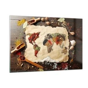 Quadro su vetro - Una mappa del mondo composta da varie spezie su uno sfondo rustico. - 120x80cm - Tutti i gusti del mondo - Decorazione murale moderna per soggiorno e camera da letto ARTTOR