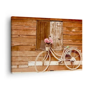 Quadro su tela - Stampe su Tela - Una bicicletta con un cesto pieno di rose contro un muro di legno - 70x50cm - Torno subito - Decorazione murale moderna per soggiorno e camera da letto ARTTOR