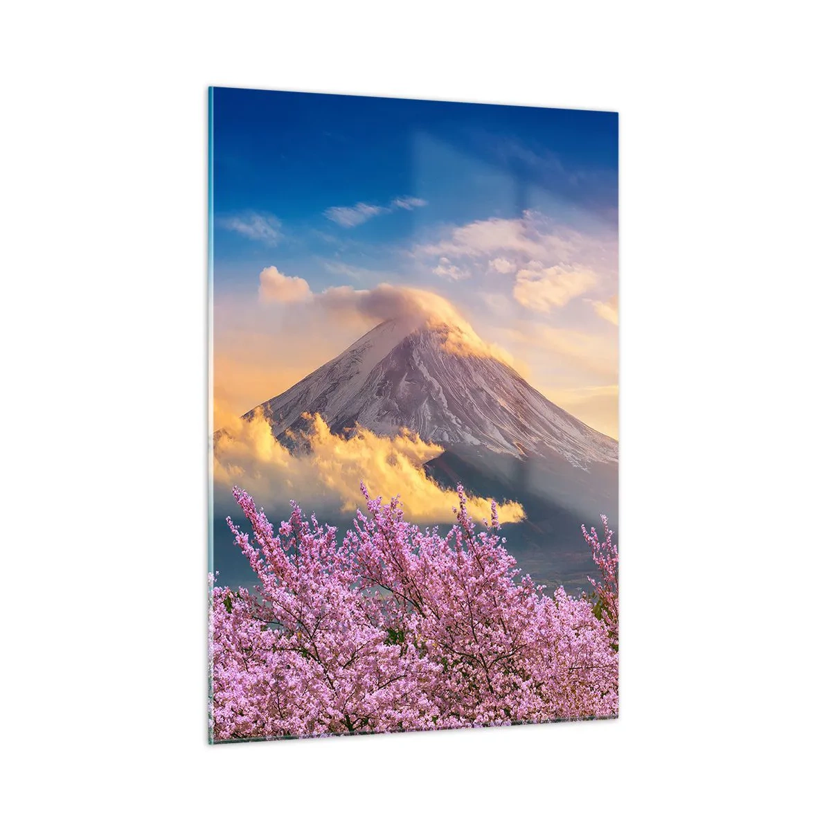 Quadro su vetro - Il monte Fuji sullo sfondo con alberi di ciliegio in fiore in primo piano - 50x70cm - Sacralità giapponese - Decorazione murale moderna per soggiorno e camera da letto ARTTOR