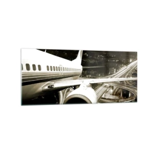 Quadro su vetro - Un aereo sopra una città notturna con autostrade illuminate - 120x50cm - Volare di notte - Decorazione murale moderna per soggiorno e camera da letto ARTTOR