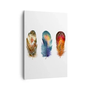 Quadro su tela - Stampe su Tela - Tre piume colorate con motivi artistici su uno sfondo chiaro - 50x70cm - Cerimonie, riti, misteri - Decorazione murale moderna per soggiorno e camera da letto ARTTOR