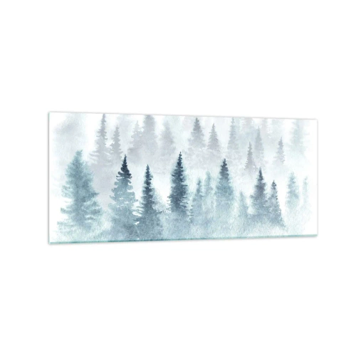 Quadro su vetro - Foreste di conifere immerse in una delicata nebbia - 120x50cm - Avvolti nella nebbia - Decorazione murale moderna per soggiorno e camera da letto ARTTOR