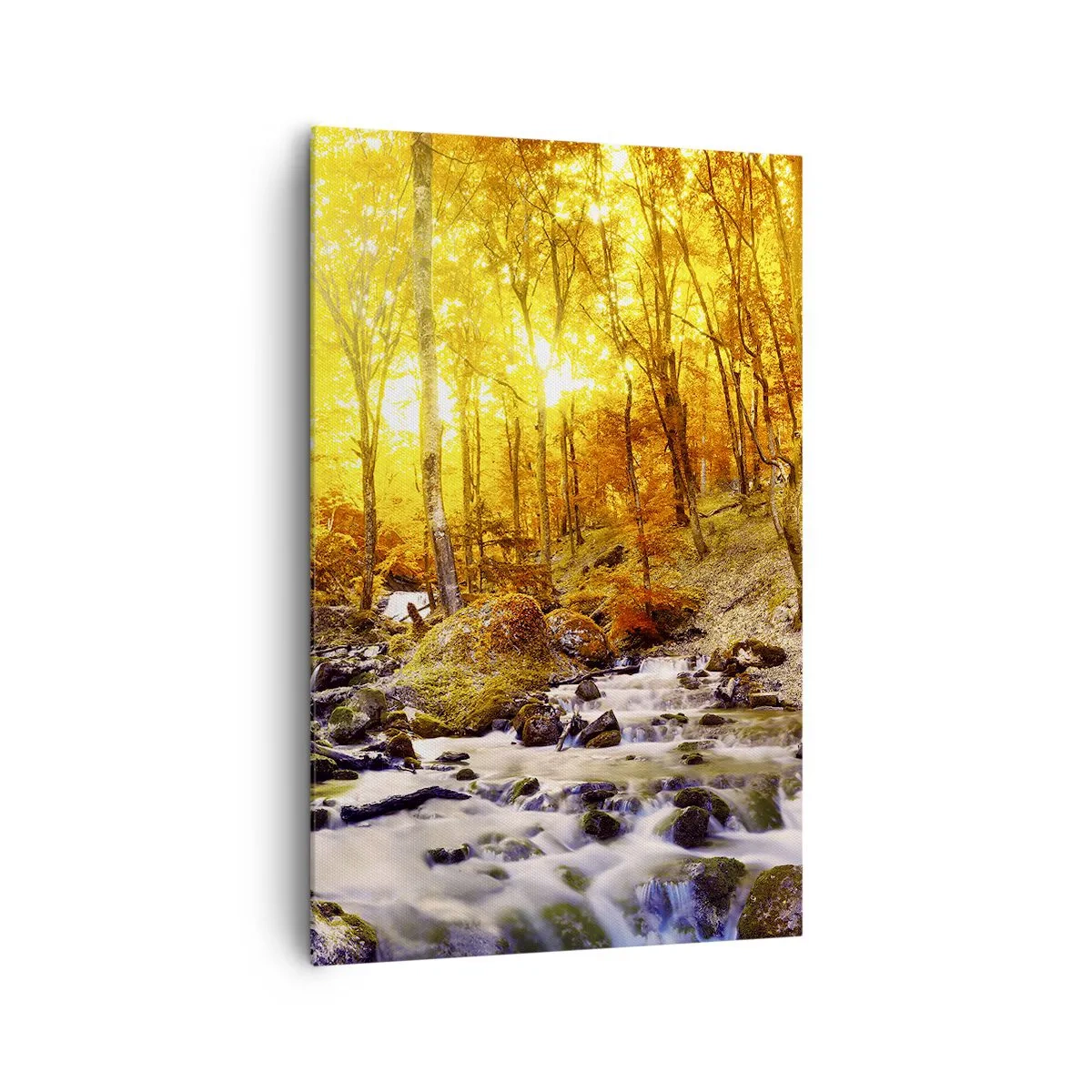Quadro su tela - Stampe su Tela - Foresta autunnale con ruscello tra foglie dorate - 80x120cm - Pietre incorniciate in oro e platino - Decorazione murale moderna per soggiorno e camera da letto ARTTOR