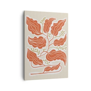 Quadro su tela - Stampe su Tela - Un motivo a foglie minimalista nelle tonalità dell'arancione e del verde. - 50x70cm - Folklore color corallo - Decorazione murale moderna per soggiorno e camera da letto ARTTOR