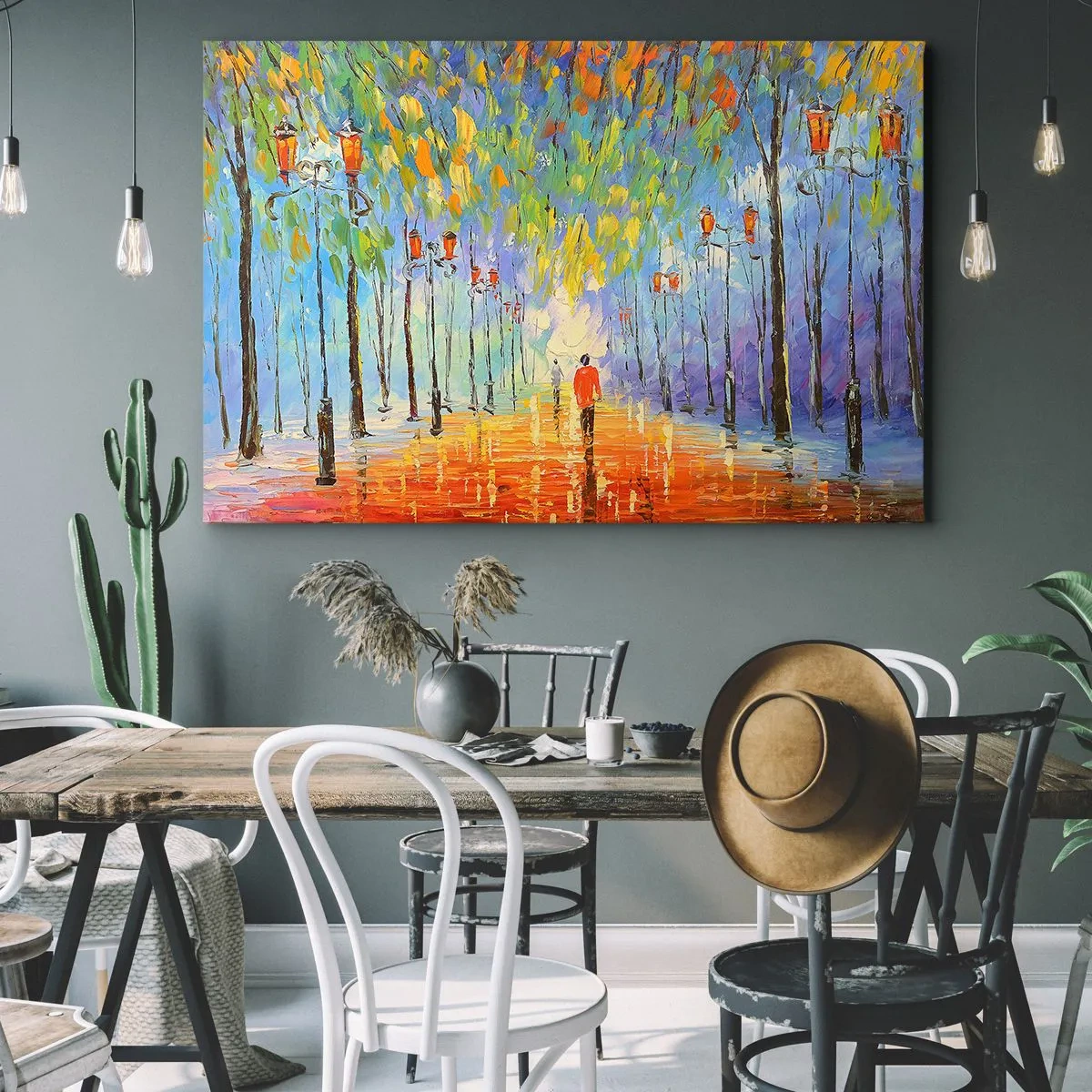 Quadro su tela - Stampe su Tela - Una pittoresca passeggiata tra le lanterne in una notte piovosa - 120x80cm - Canzone notturna sotto la pioggia - Decorazione murale moderna per soggiorno e camera da letto ARTTOR