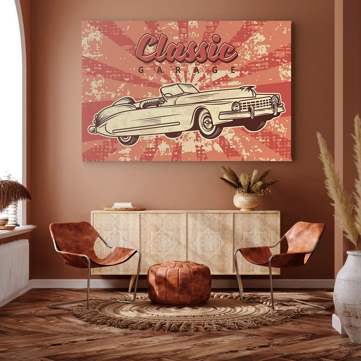 Quadro su tela - Stampe su Tela - Poster retrò con un'auto d'epoca e la scritta Classic Garage - 120x80cm - E alla radio Elvis - Decorazione murale moderna per soggiorno e camera da letto ARTTOR