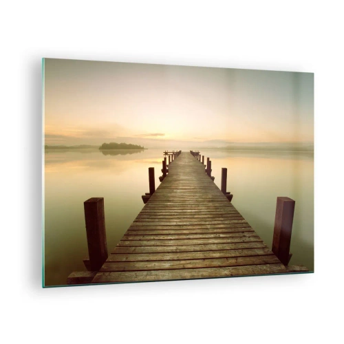 Quadro su vetro - Un molo di legno su un lago calmo all'alba - 70x50cm - Aurora, alba, luce - Decorazione murale moderna per soggiorno e camera da letto ARTTOR