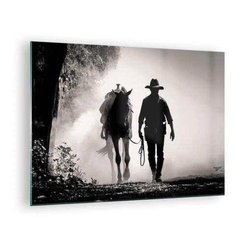 Quadro su vetro - Sagoma di un cowboy che conduce un cavallo attraverso un paesaggio nebbioso - 70x50cm - Mattino texano - Decorazione murale moderna per soggiorno e camera da letto ARTTOR