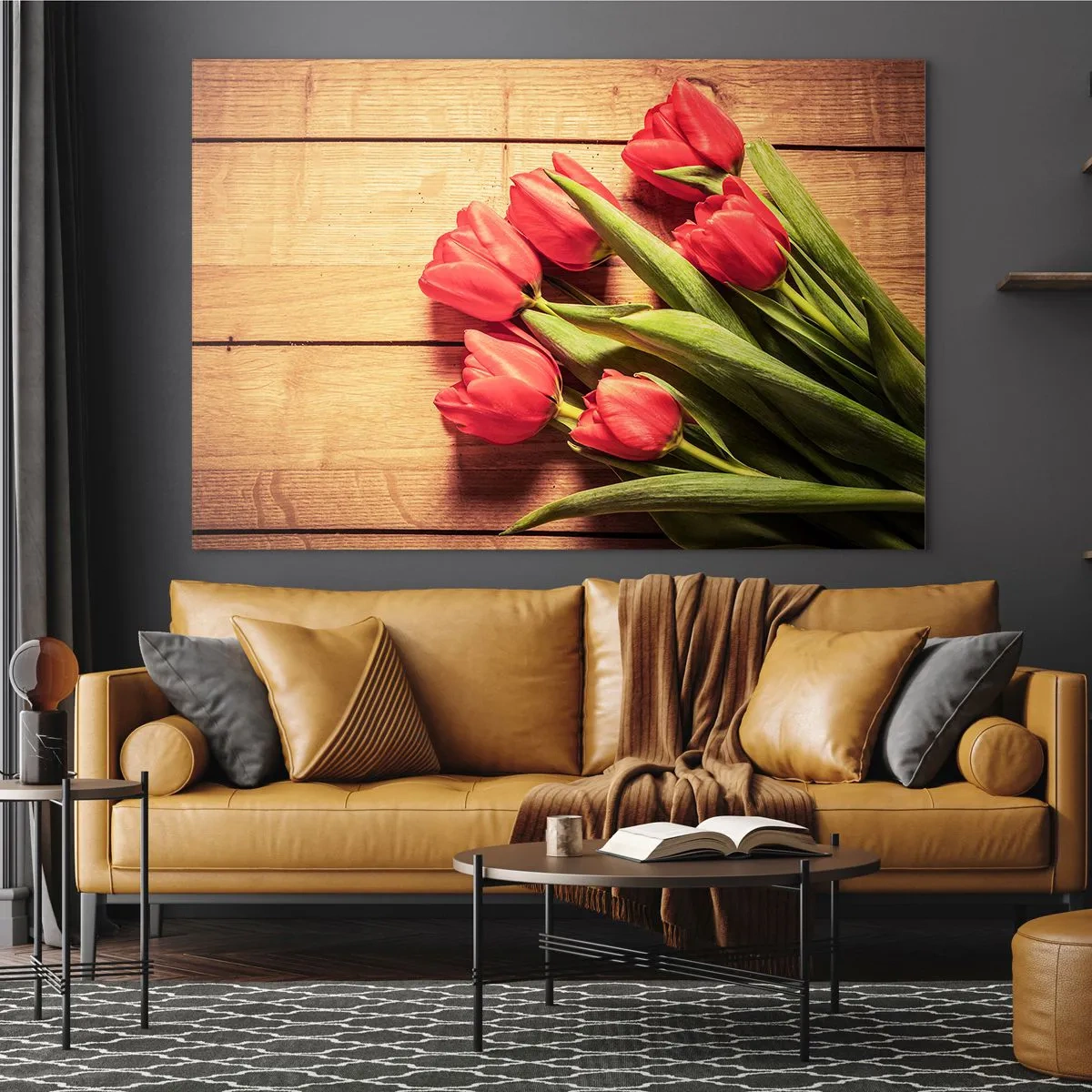 Quadro su vetro - Tulipani rossi su una tavola di legno - 120x80cm - Confessione primaverile - Decorazione murale moderna per soggiorno e camera da letto ARTTOR