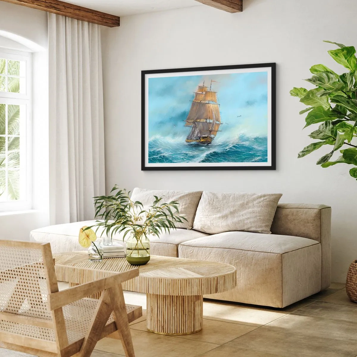 Poster in cornice nera - Una nave a vela in un mare in tempesta - 70x50cm - Frangendo i flutti - Decorazione murale moderna per soggiorno e camera da letto ARTTOR