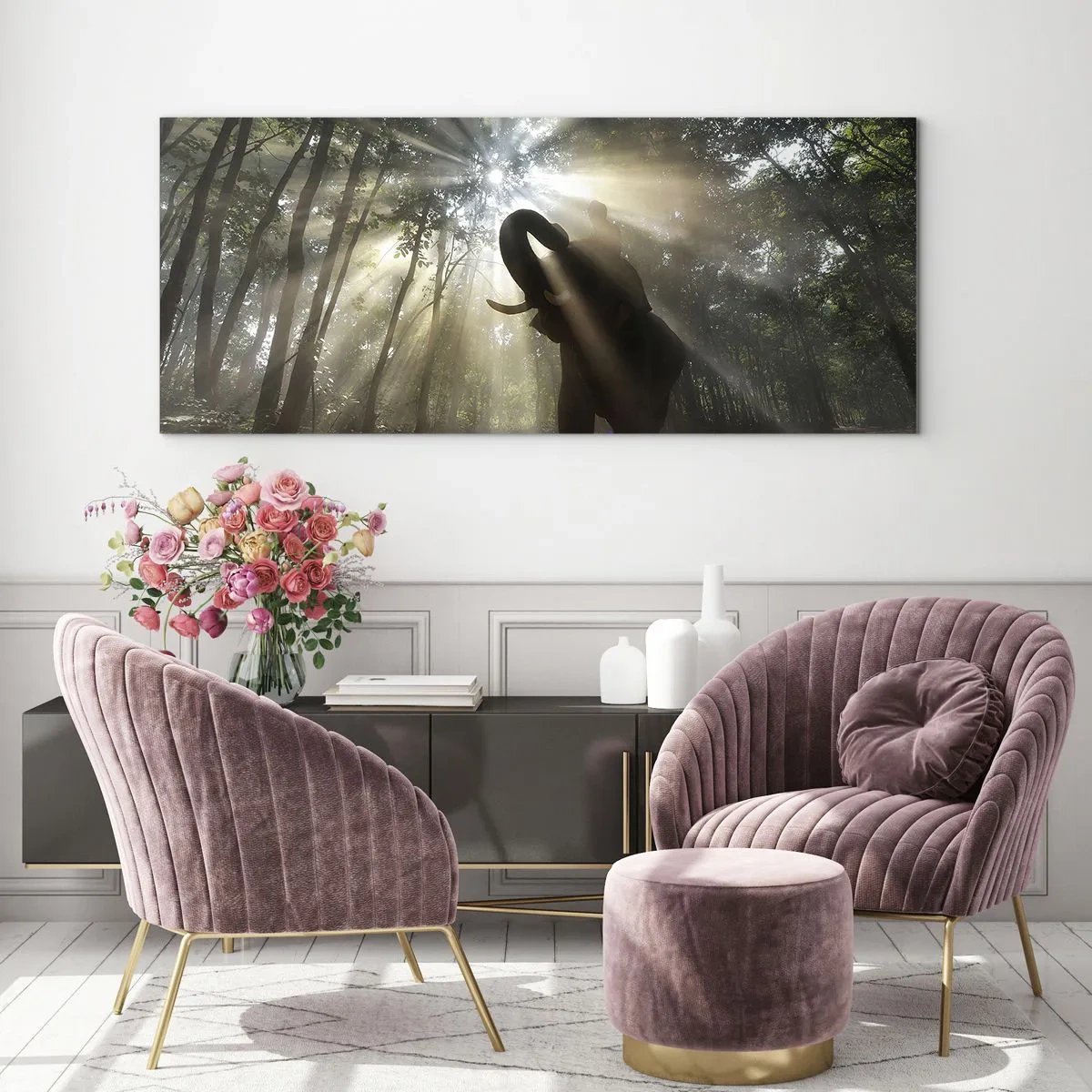 Quadro su vetro - Un elefante nella foresta circondato da raggi di luce nella nebbia mattutina - 120x50cm - Sotto una stella fortunata - Decorazione murale moderna per soggiorno e camera da letto ARTTOR