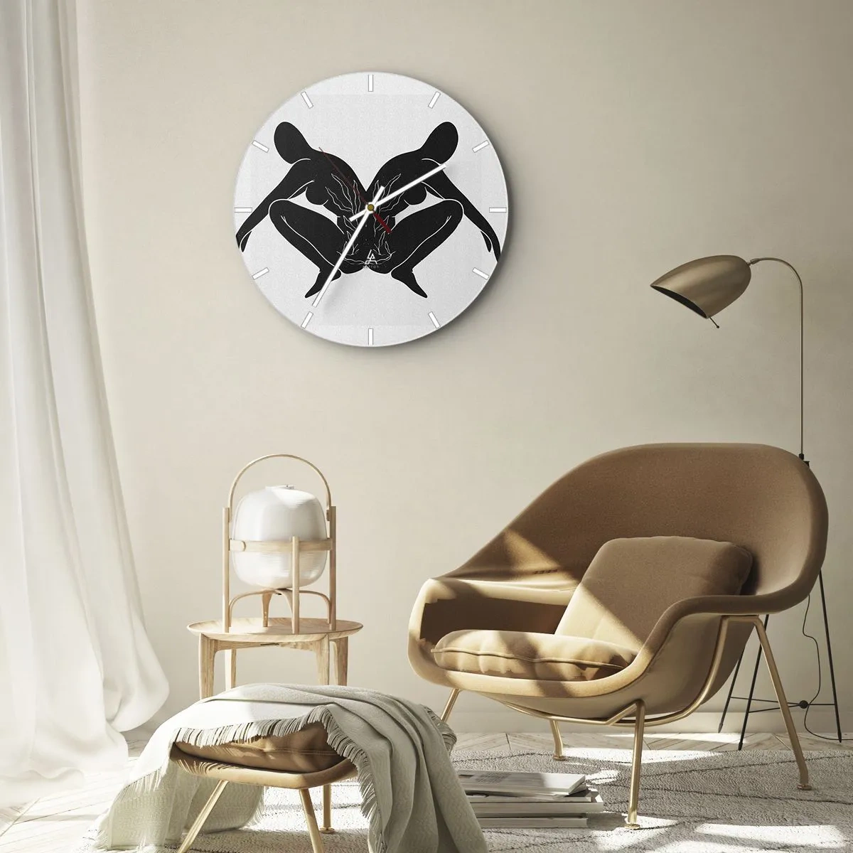 Orologio da parete - Orologio in Vetro - Figure simmetriche in nero che formano un cuore con il fuoco al centro su uno sfondo chiaro. - 30x30cm - Anima comune - Decorazione murale moderna per soggiorno, cucina e camera da letto ARTTOR
