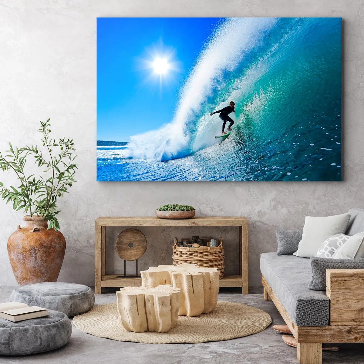 Quadro su tela - Stampe su Tela - Un surfista su una tavola cavalca un'onda potente sotto un cielo azzurro. - 120x80cm - Attraverso il grande blu - Decorazione murale moderna per soggiorno e camera da letto ARTTOR