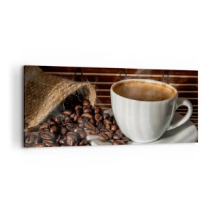 Quadro su tela - Stampe su Tela - Una tazza di caffè con chicchi su uno sfondo di bambù - 120x50cm - Nero del carbone, trasparenza dell'ambra - Decorazione murale moderna per soggiorno e camera da letto ARTTOR