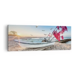 Quadro su tela - Stampe su Tela - Una barca sulla spiaggia all'alba con gabbiani e bandiere rosse - 140x50cm - Meritato riposo - Decorazione murale moderna per soggiorno e camera da letto ARTTOR