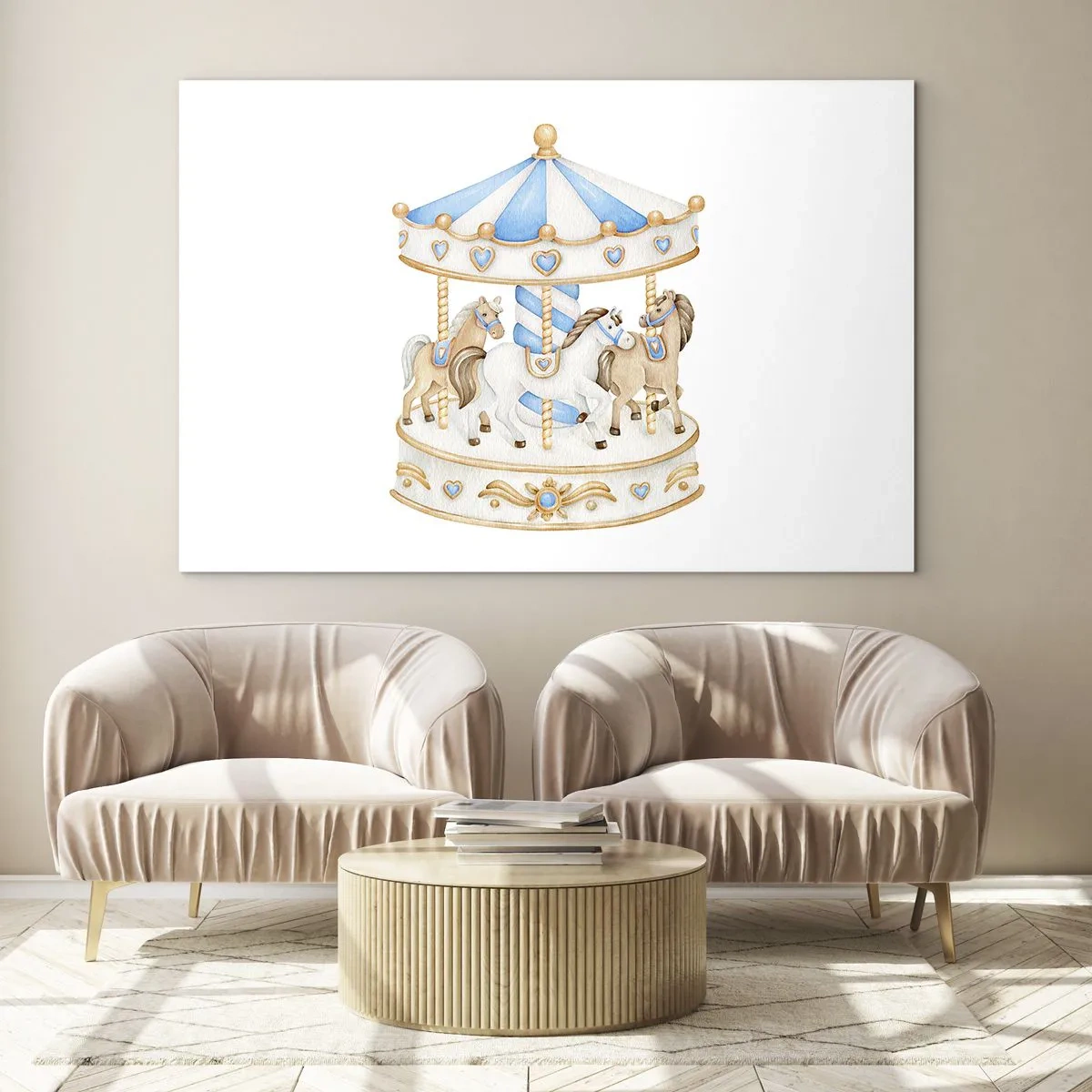 Quadro su vetro - Una giostra con cavalli dai colori pastello - 70x50cm - Dolce infanzia - Decorazione murale moderna per soggiorno e camera da letto ARTTOR