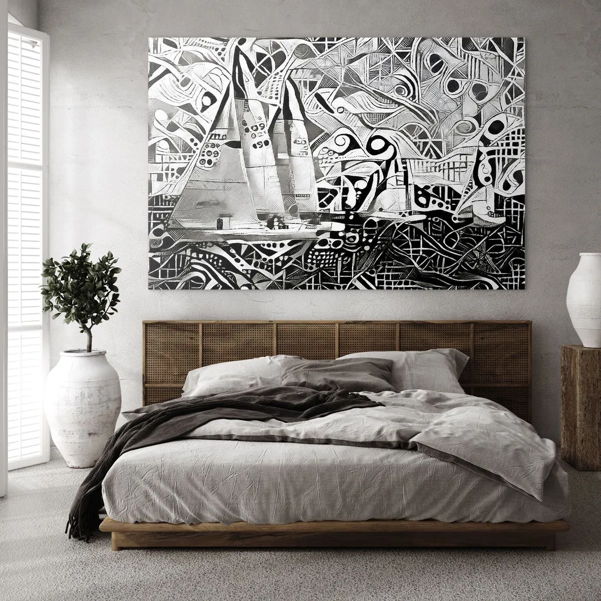 Quadro su vetro - Astrazione in bianco e nero con barche a vela e motivi geometrici - 100x70cm - Tra le onde - Decorazione murale moderna per soggiorno e camera da letto ARTTOR