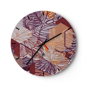 Orologio da parete - Orologio in Vetro - Foglie astratte nelle tonalità del viola, arancione e beige - 30x30cm - Legame impossibile di geometria e natura - Decorazione murale moderna per soggiorno, cucina e camera da letto ARTTOR