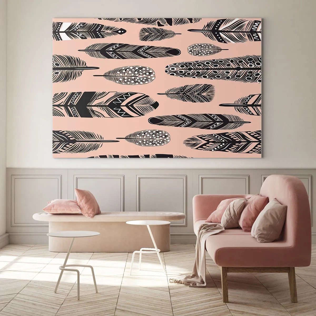 Quadro su vetro - Piume decorative con motivi bianchi e neri su sfondo rosa - 120x80cm - Collezione indiana - Decorazione murale moderna per soggiorno e camera da letto ARTTOR