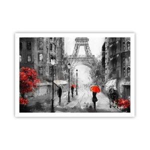 Poster - Una strada con vista sulla Torre Eiffel e ombrelli rossi - 100x70cm - Tutte le strade portano da lei - Decorazione murale moderna per soggiorno e camera da letto ARTTOR