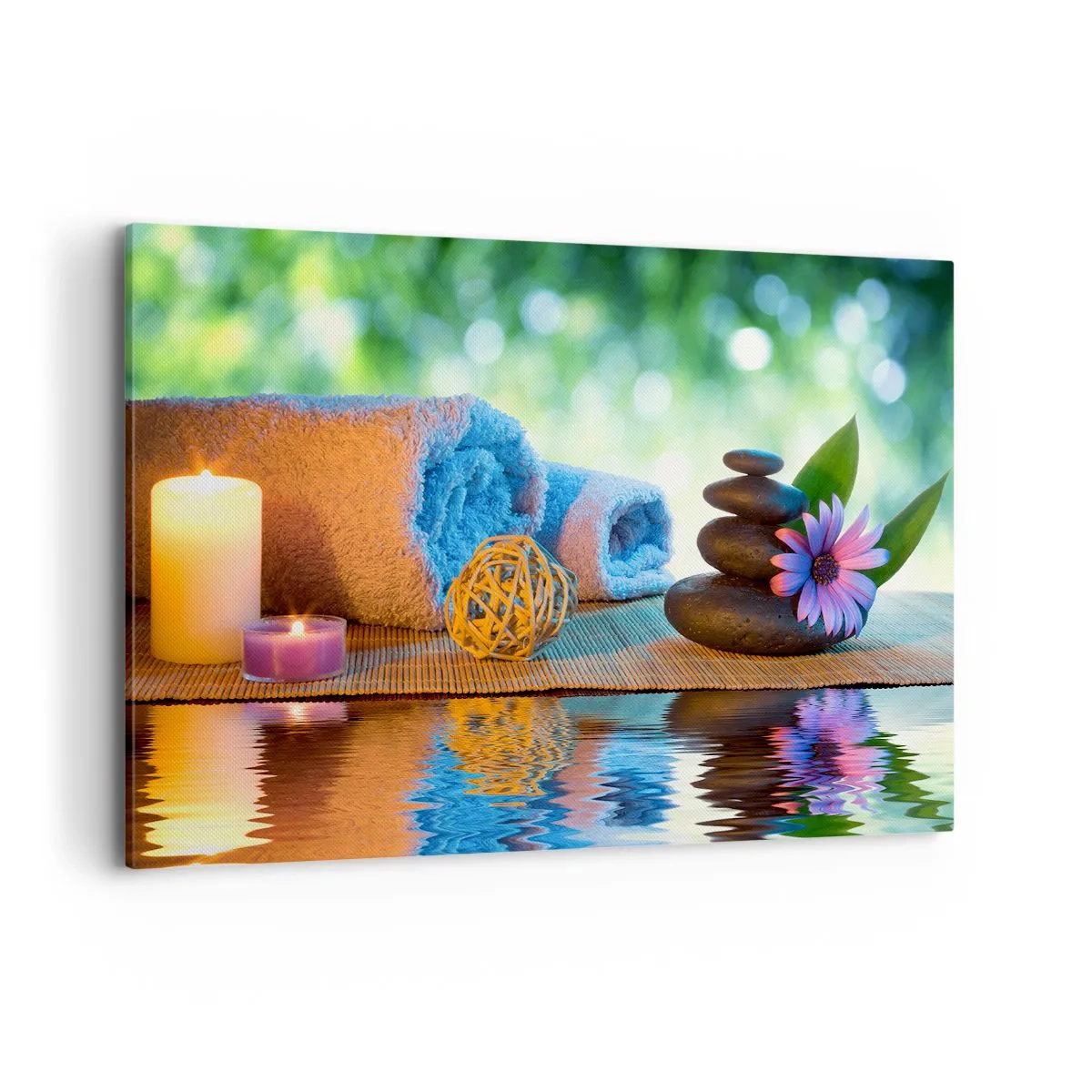 Quadro su tela - Stampe su Tela - Set SPA rilassante con asciugamani, candele e pietre - 120x80cm - Tempo per il corpo - Decorazione murale moderna per soggiorno e camera da letto ARTTOR