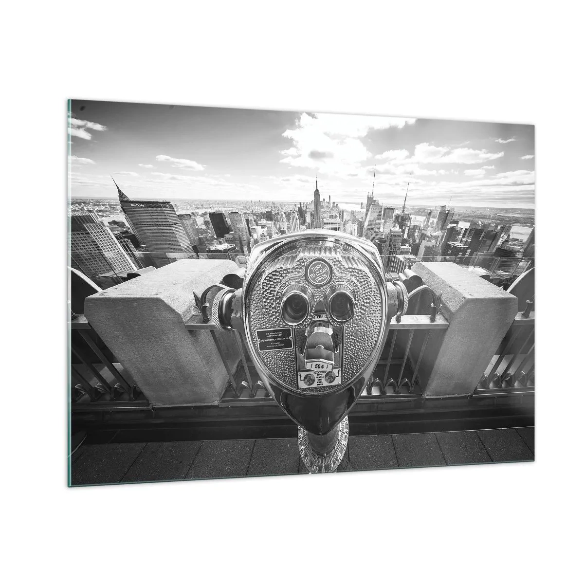 Quadro su vetro - Vista in bianco e nero di New York con un telescopio di osservazione - 100x70cm - Il centro del mondo - Decorazione murale moderna per soggiorno e camera da letto ARTTOR