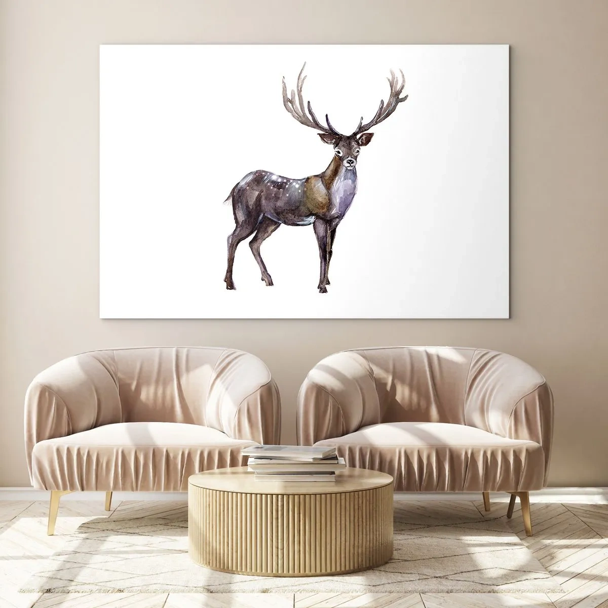 Quadro su vetro - Elegante cervo acquerello - 120x80cm - Il re della foresta del nord - Decorazione murale moderna per soggiorno e camera da letto ARTTOR