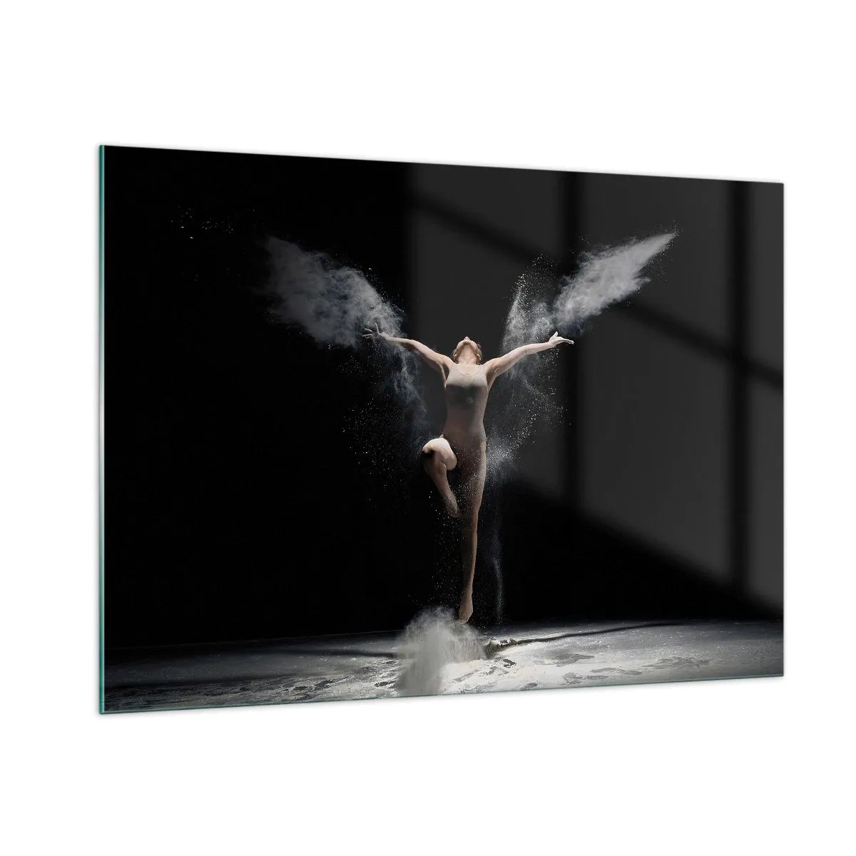 Quadro su vetro - Una ballerina in nuvole di polvere su uno sfondo nero - 100x70cm - Gli elfi esistono - Decorazione murale moderna per soggiorno e camera da letto ARTTOR