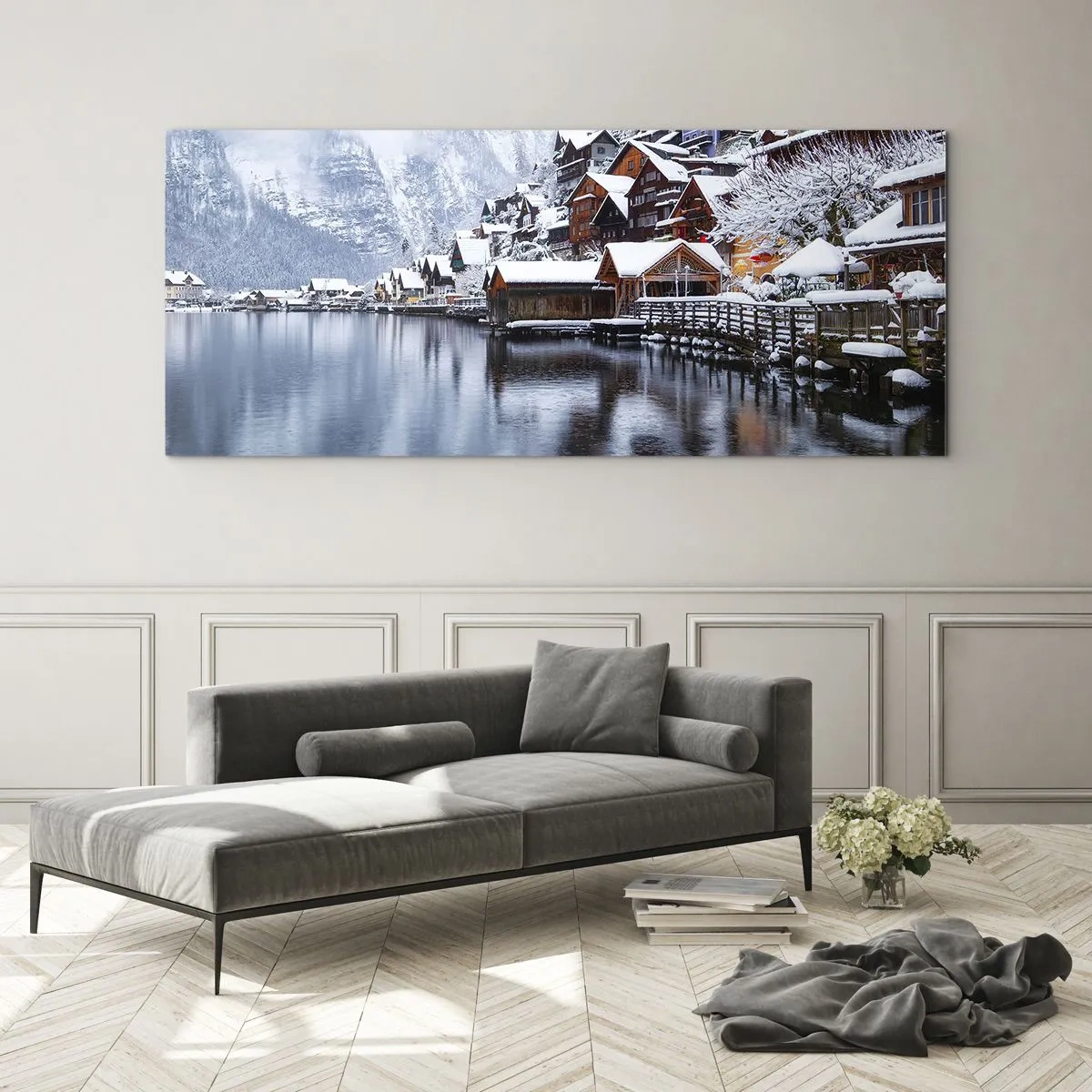 Quadro su vetro - Vista invernale di un villaggio di montagna in riva al lago - 120x50cm - Decorazione invernale - Decorazione murale moderna per soggiorno e camera da letto ARTTOR