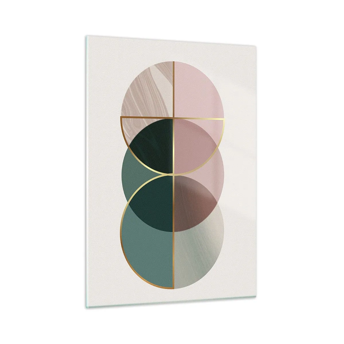 Quadro su vetro - Forme geometriche con sfumature di verde e rosa su uno sfondo chiaro - 50x70cm - Un cerchio dietro l'altro... - Decorazione murale moderna per soggiorno e camera da letto ARTTOR