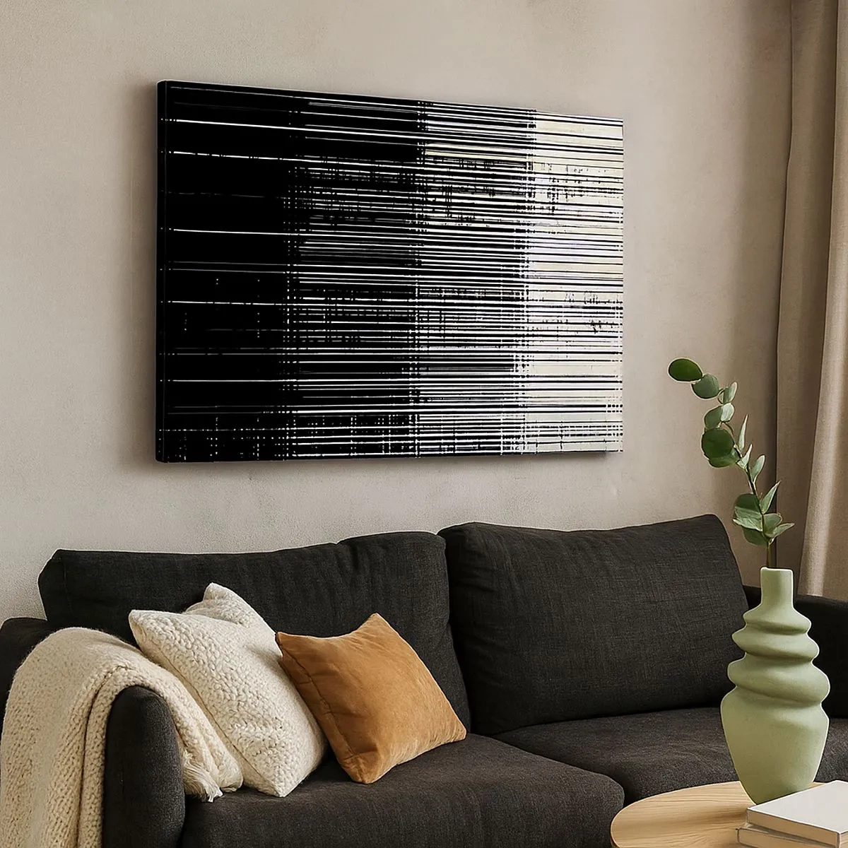 Quadro su tela - Stampe su Tela - Composizione astratta di linee in bianco e nero contrastanti - 70x50cm - Onde e vibrazioni - Decorazione murale moderna per soggiorno e camera da letto ARTTOR