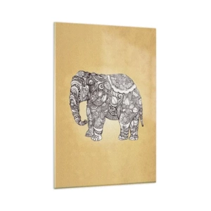 Quadro su vetro - Elefante disegnato a mano con motivo ornamentale su sfondo beige - 80x120cm - L'elefante nascosto - Decorazione murale moderna per soggiorno e camera da letto ARTTOR