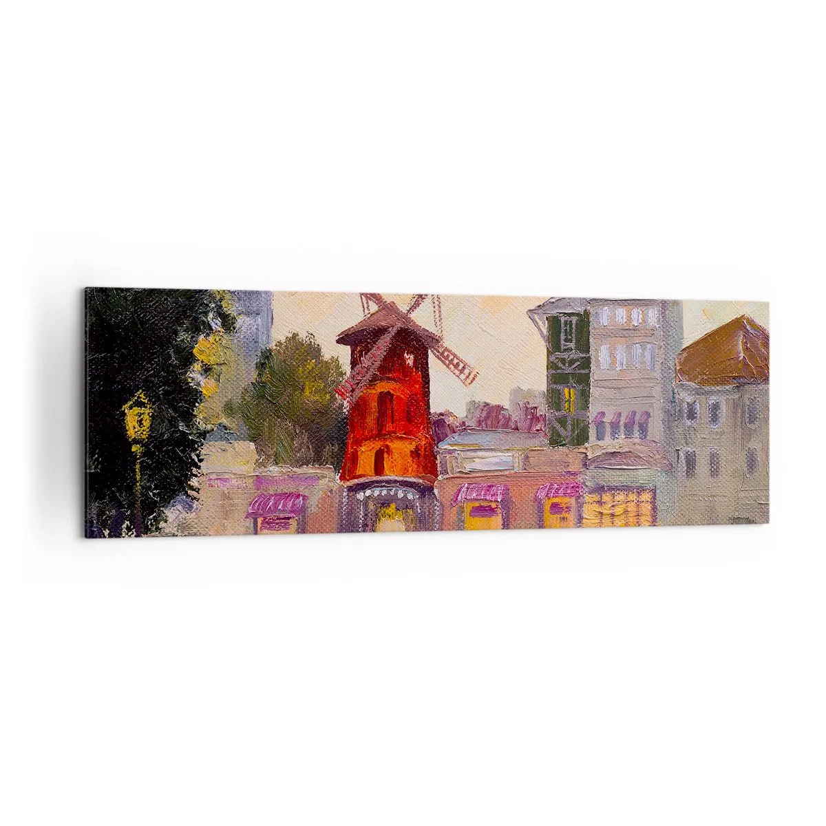Quadro su tela - Stampe su Tela - Il mulino a vento rosso del Moulin Rouge circondato dal paesaggio urbano - 160x50cm - Le icone di Parigi: il Moulin Rouge - Decorazione murale moderna per soggiorno e camera da letto ARTTOR